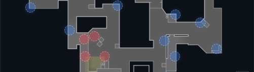 A Valorant map view with a lineup trajectory drawn between two marked points.
