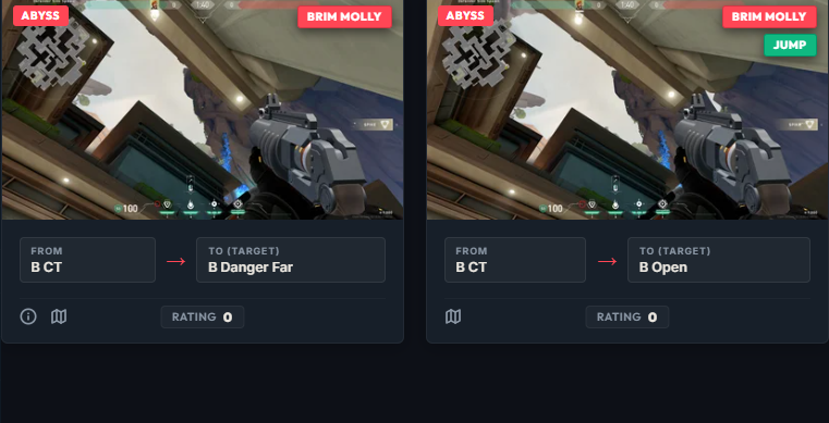 Paired in-game screenshots showing where to stand and what to aim at.