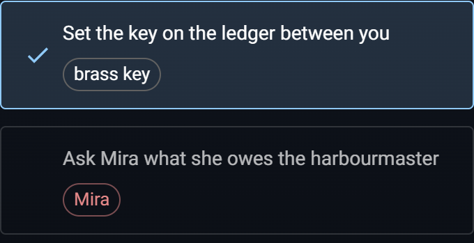 A set of story choices with the one taken marked, and an untaken option tagged as using an item.